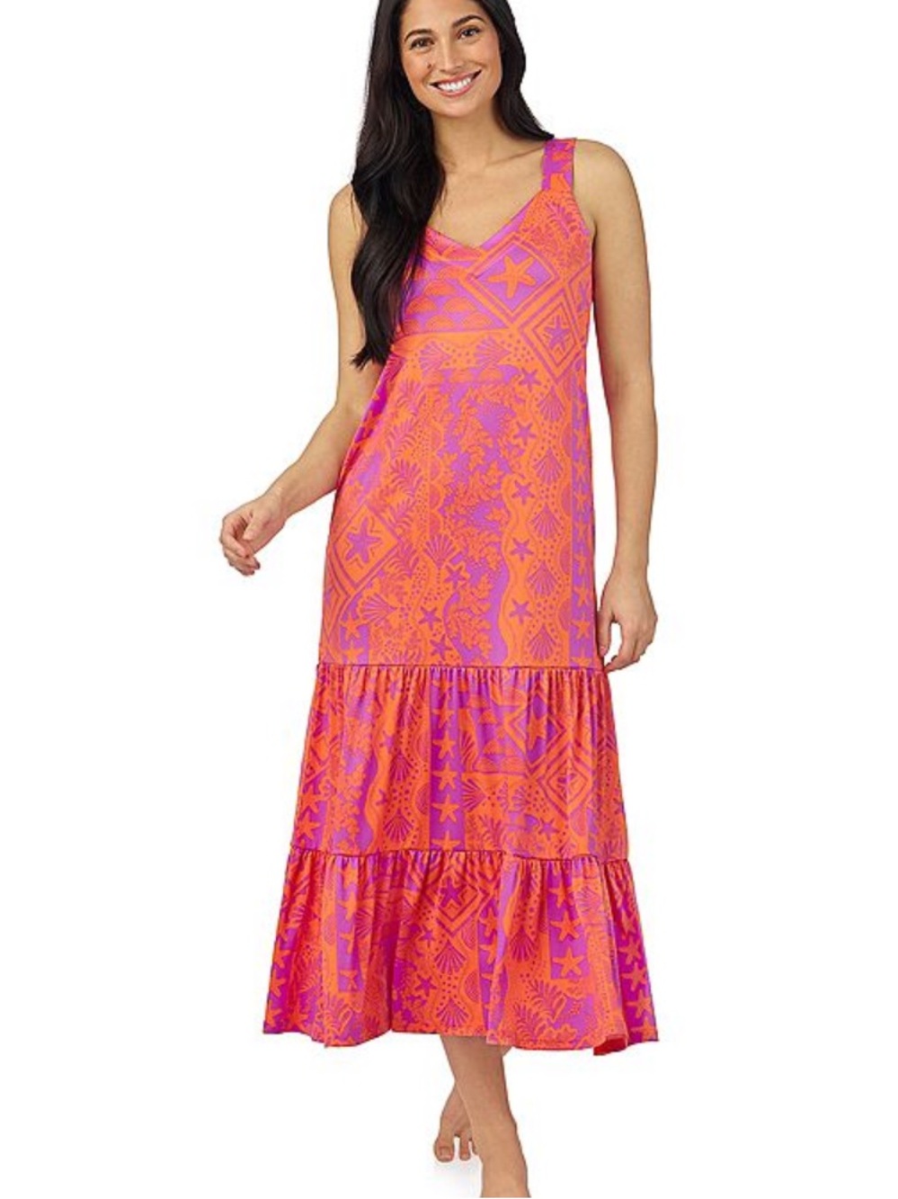 Vibrant Pink & Orange Printed Sleeveless Nightgown